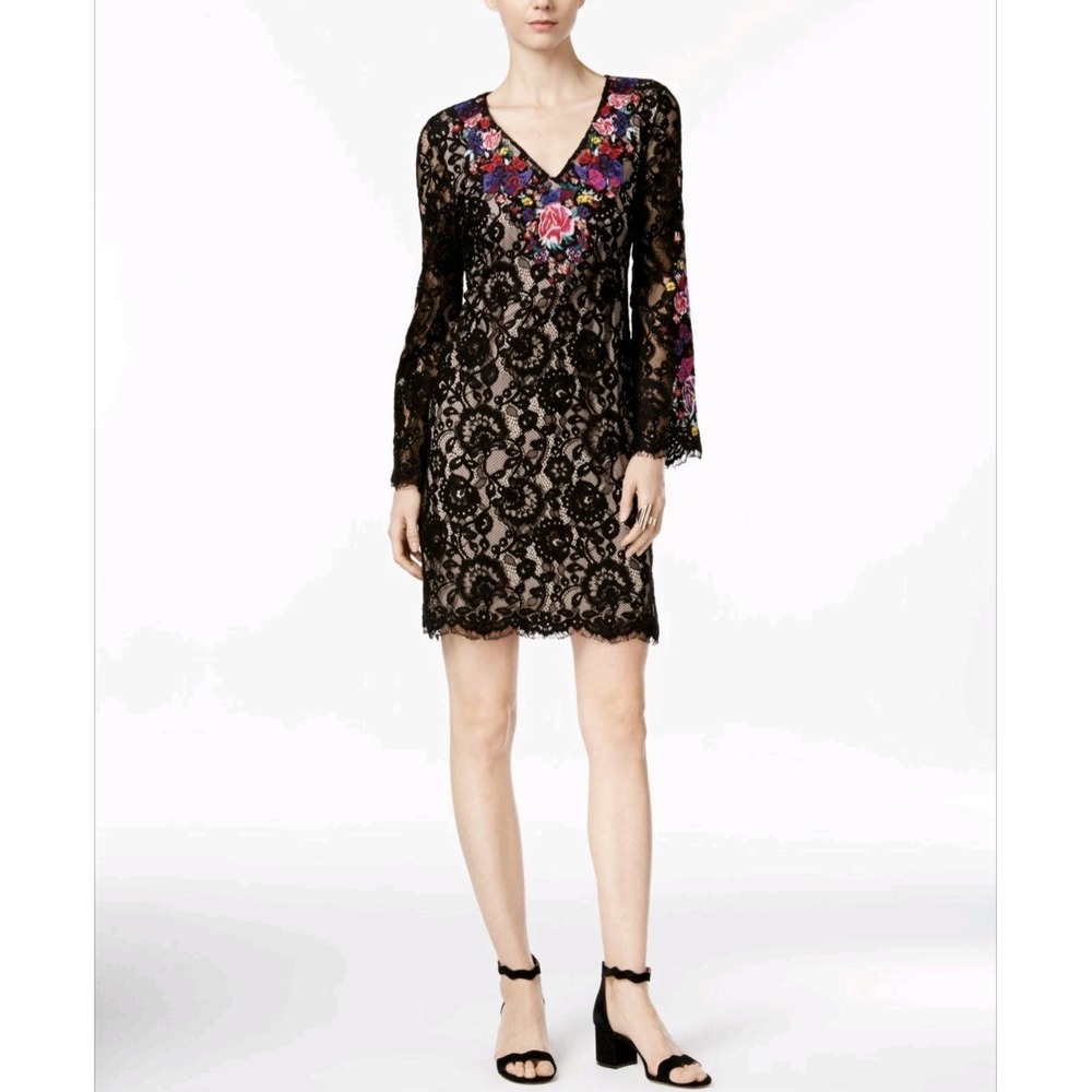 New INC Lace Dress Sz 4 Black Sheath Butterfly Embroidered Bell Sleeve Sexy Chic